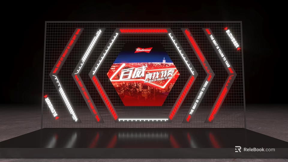 Budweiser Stage Design With Red White LED Lights Grid Structure And Cityscape Background 3d model