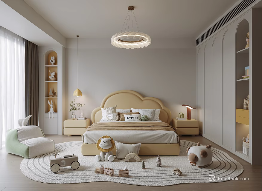 Cozy Children's Bedroom With Neutral Tones And Toys 3d model 