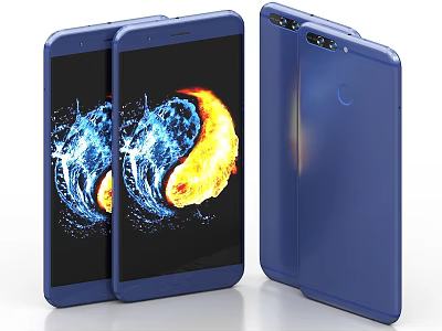 Three Blue Smartphones Featuring Yin Yang Pattern Display Rear Camera And Circular Logo Design 3d model