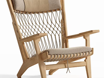 Modern Wooden Lounge Chair Featuring Woven Rope Design And Padded Seat Backrest 3d model