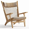 Modern Wooden Lounge Chair Featuring Woven Rope Design And Padded Seat Backrest