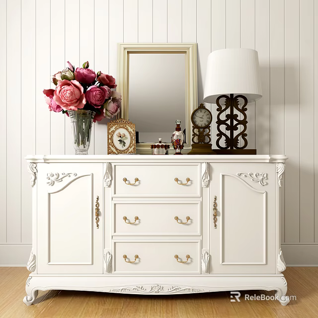 Elegant White Entryway Console Cabinet With Carved Details Golden Handles Vase Mirror And Table Lamp 3d model 