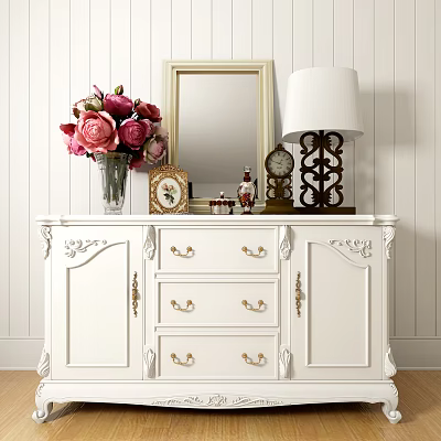 Elegant White Entryway Console Cabinet With Carved Details Golden Handles Vase Mirror And Table Lamp 3d model