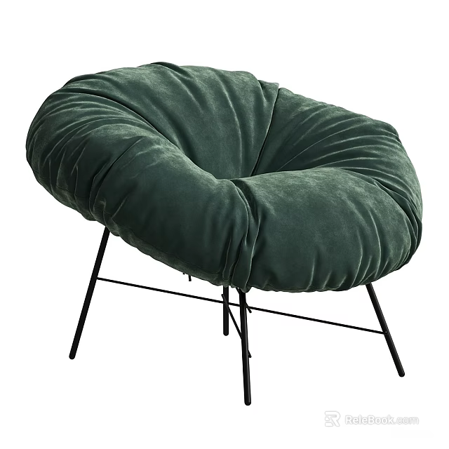 Stylish Dark Green Velvet Round Leisure Chair With Black Metal Legs 3d model 