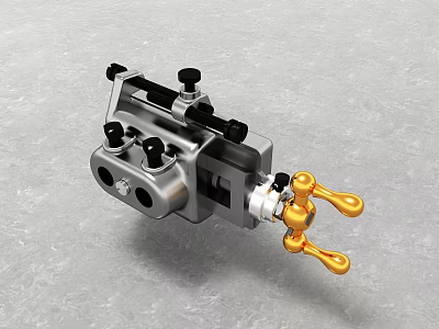 Mechanical Component With Silver Metal Structure Black Adjustment Knobs And Golden Handles 3d model