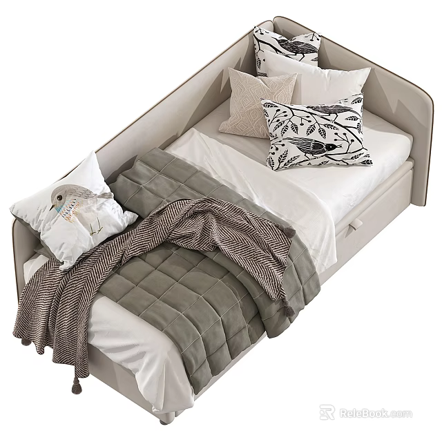 Modern Double Bed Interior With Decorative Pillows Green Quilt And Gray Blanket 3d model 