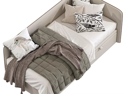 Modern Double Bed Interior With Decorative Pillows Green Quilt And Gray Blanket 3d model