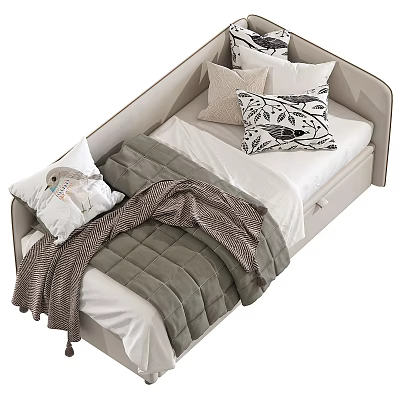 Modern Double Bed Interior With Decorative Pillows Green Quilt And Gray Blanket 3d model
