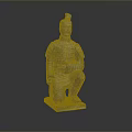 Ancient Terracotta Warrior Sculpture In Kneeling Posture With Intricate Armor Details And Ornate Headgear