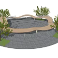 Modern Curved Outdoor Pergola with Trees Shading People in Plaza Gathering Area