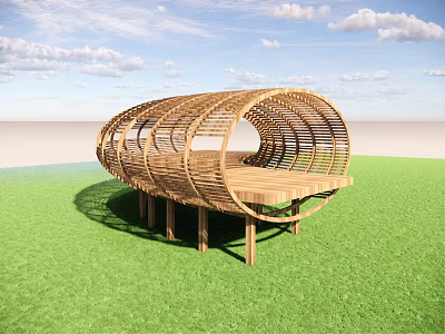 Wooden Observation Deck Curved Circular Frame Design With Green Grass And Blue Sky 3d model