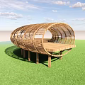 Wooden Observation Deck Curved Circular Frame Design With Green Grass And Blue Sky