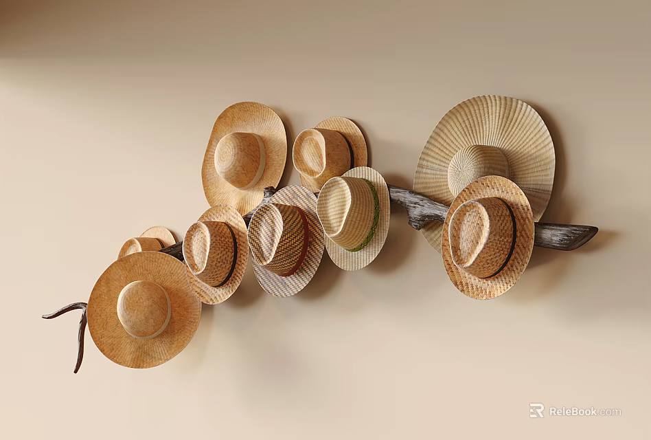 Straw Hats As Stylish Wall Decor For Home 3d model 