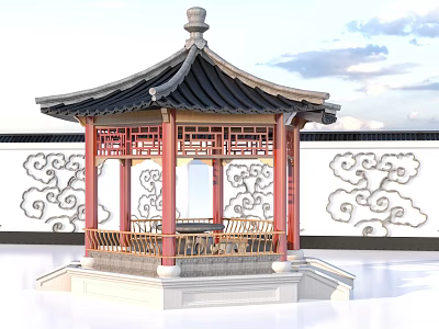 Traditional Chinese Pavilion with Black Tiled Roof Red Pillars and White Cloud Pattern Walls 3d model