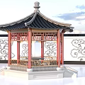 Traditional Chinese Pavilion with Black Tiled Roof Red Pillars and White Cloud Pattern Walls