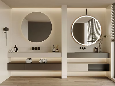 Modern Round Backlit Bathroom Mirror With Vanity Towels And Natural Light 3d model