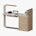 Modern Wooden Workstation with White Countertop Round Appliance Keyboard Mouse and Wine Rack