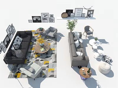 Modern Sofa and Coffee Table Set with Geometric Rug Armchairs Decorative Artworks and Potted Plant 3d model