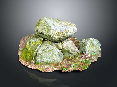Natural Stone And Wood Decorative Piece With Stacked Moss Covered Rocks On Wooden Base 3d model