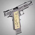 Intricately Engraved Silver Pistol Featuring Decorative Wooden Grip And Floral Patterns