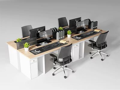 Modern Office Desk Setup With Dual Workstations Computers Ergonomic Chairs And Potted Plants 3d model