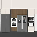 Refrigerators and Freezers in Modern Kitchen With Various Colors Wooden Panels and Stainless Steel Finishes