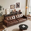 Brown Leather Two Seater Sofa in Living Room with Decorative Paintings and Floor Lamp