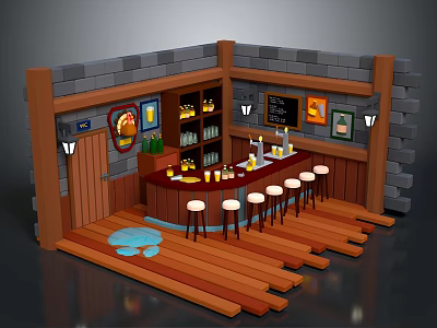 Rustic Bar Interior With Wooden Counter Stools Brick Walls And Bottle Shelves 3d model