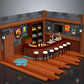 Rustic Bar Interior With Wooden Counter Stools Brick Walls And Bottle Shelves
