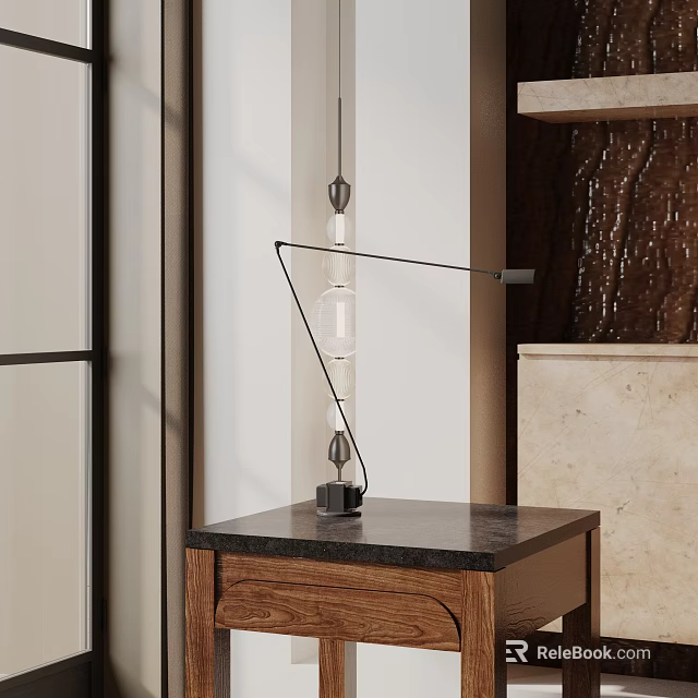 Contemporary Table Lamp With Adjustable Metal Frame And Glass Elements On Wooden Cabinet In Minimalist Interior 3d model 