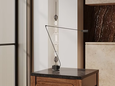 Contemporary Table Lamp With Adjustable Metal Frame And Glass Elements On Wooden Cabinet In Minimalist Interior 3d model