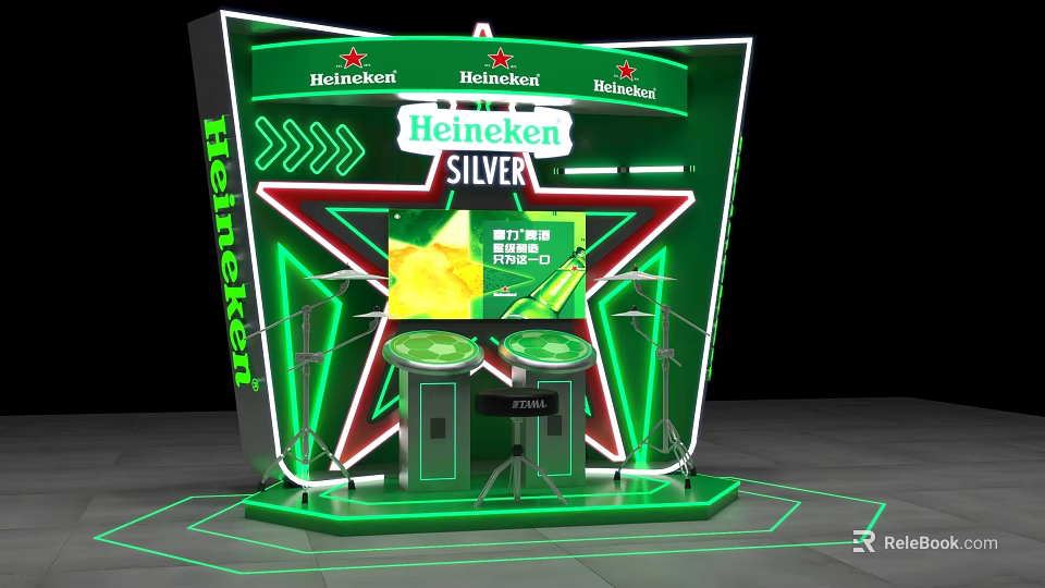 Heineken Silver Star Shaped Interactive Zone With Green Neon Lights And Counters 3d model 