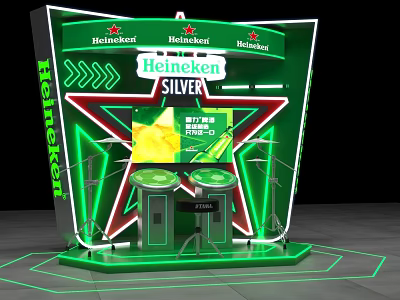 Heineken Silver Star Shaped Interactive Zone With Green Neon Lights And Counters 3d model
