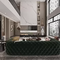 Spacious Living and Dining Room With Marble Wall Floor to Ceiling Windows and Modern Furniture