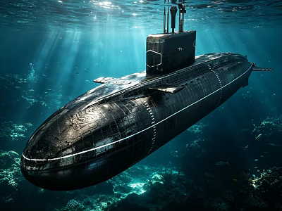 Military Submarine Sailing Underwater With Sunlight Rays And Coral Reefs 3d model