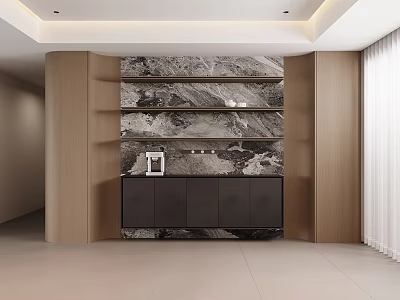 Modern Sideboard Interior Design With Marble Texture Wooden Cabinet And Layered Shelves 3d model