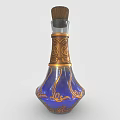 Three Decorative Glass Bottles With Red Blue Yellow Liquids Gold Patterns And Wooden Stoppers