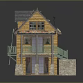 Wooden Residential House With Gray Roof Green Stairs Orange Decorations And Stone Base