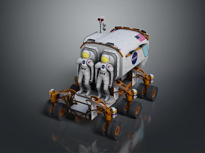 Astronauts In Spacesuits Standing On Lunar Rover With American Flag And Wheels 3d model