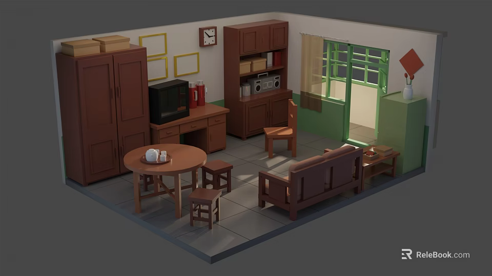Cartoon Scene Interior Design With Brown Furniture TV Table And Chairs Window Clock Picture Frames 3d model 