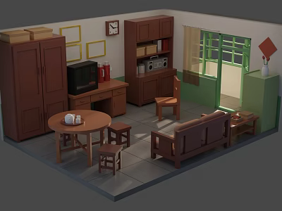 Cartoon Scene Interior Design With Brown Furniture TV Table And Chairs Window Clock Picture Frames 3d model