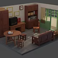 Cartoon Scene Interior Design With Brown Furniture TV Table And Chairs Window Clock Picture Frames