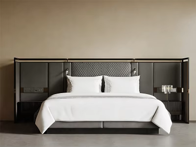 Modern Hotel Guest Room Interior With King Bed White Bedding Black Headboard And Beige Wall 3d model