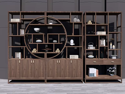Traditional Chinese Wooden Antique Shelf With Ceramic Vases Books And Decor 3d model