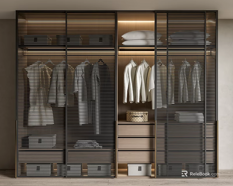 Modern Wardrobe Interior Design With Hanging Folded Clothes Drawers And Storage Compartments 3d model 
