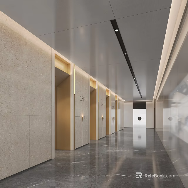 Modern Elevator Corridor With Beige Stone Walls Marble Flooring And Linear Lights 3d model