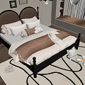 Elegant Double Bed with Brown Headboard Multiple Pillows and Blanket on Decorative Rug with Slippers
