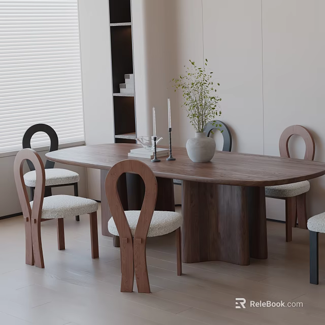 Modern Wooden Dining Table Set With Light Colored Chairs White Vase Green Plants And Candles 3d model 