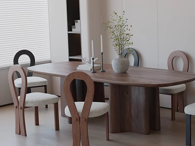 Modern Wooden Dining Table Set With Light Colored Chairs White Vase Green Plants And Candles 3d model
