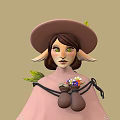 Game Film Character With Pink Cape Lace Trim Hat Green Accents And Plaid Shorts